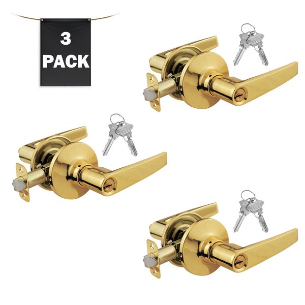 Premier Lock Entry Door Lever Lock Set Set of 3, Keyed Alike, Polished Brass, 3PK LEV01X-3
